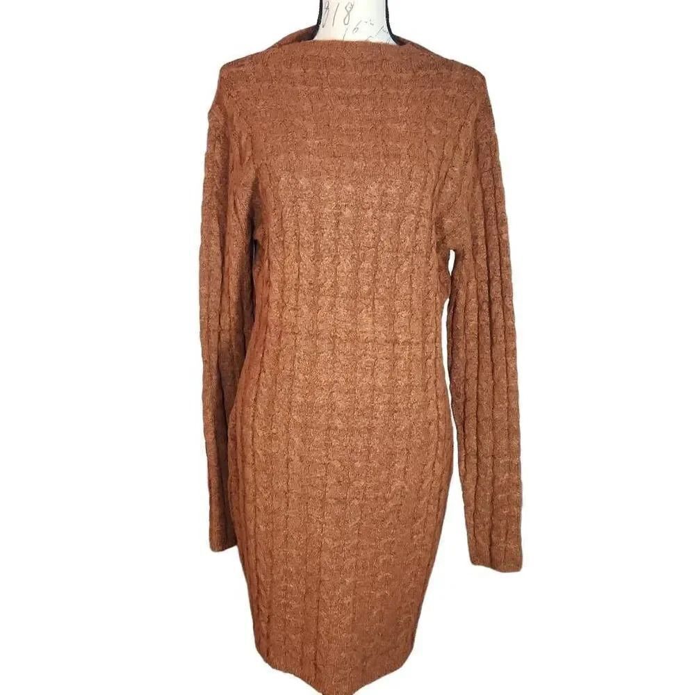 Avln Studio Women's Size Large Burnt Orange Sydney Cable Knit Sweater Dress
